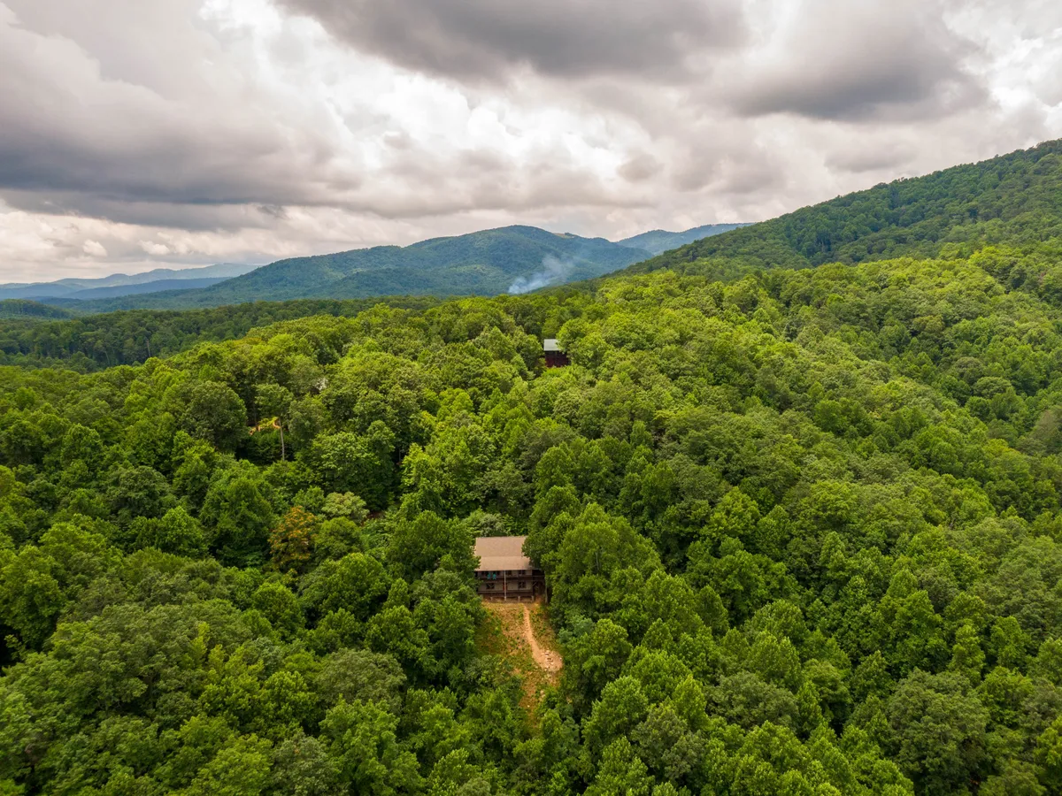 A spacious cabin surrounded by a lush forest with the Blue Ridge Mountains in the distance. The tranquil scene hints at the cabin's proximity to nature, with ample space for outdoor activities and exploration.